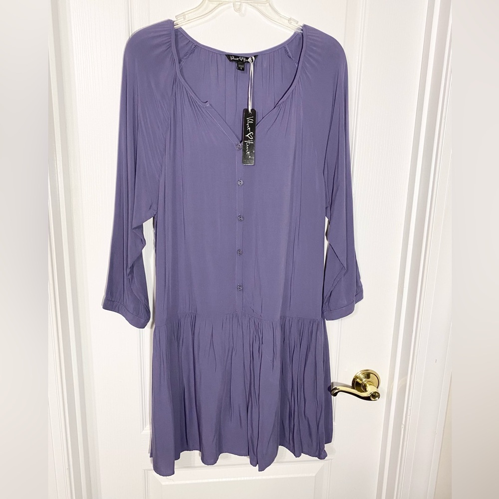 Velvet Heart Drop Waist Long Sleeve Button Front Dress Blue Size Small